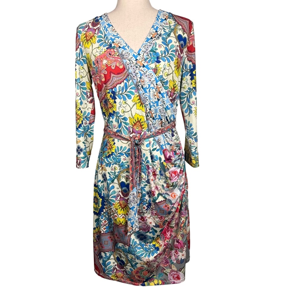 Johnny‎ Was Faux Wrap Dress Women XS Polyester Boho Floral Paisley Stretch Artsy